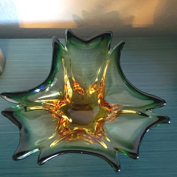 Vintage Handblown Green & Amber Art Glass Mid-Century Modern Art Deco Boho Bowl - Picture 2 of 13